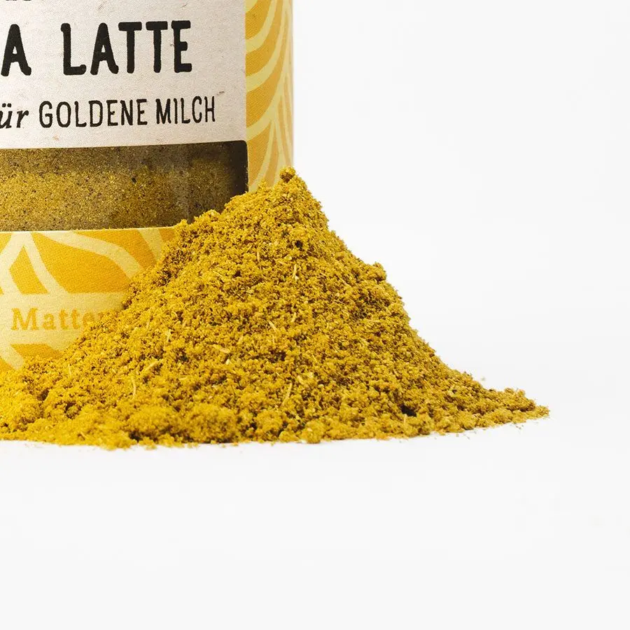 Kurkuma Latte Pulver, goldene Milch Gewürz Detailaufnahme