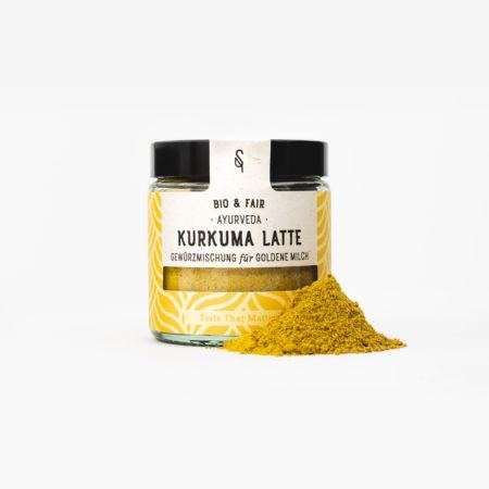 Kurkuma Latte im Glas, goldene Milch Gewürz kaufen